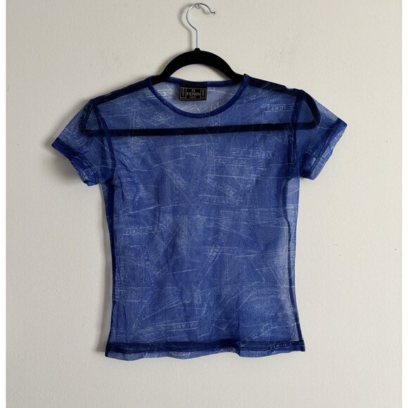 FENDI Mesh Baby Tee XS‎ Cropped Sheer See Through Blue Logo Luxury Y2K 2000s - Picture 1 of 5